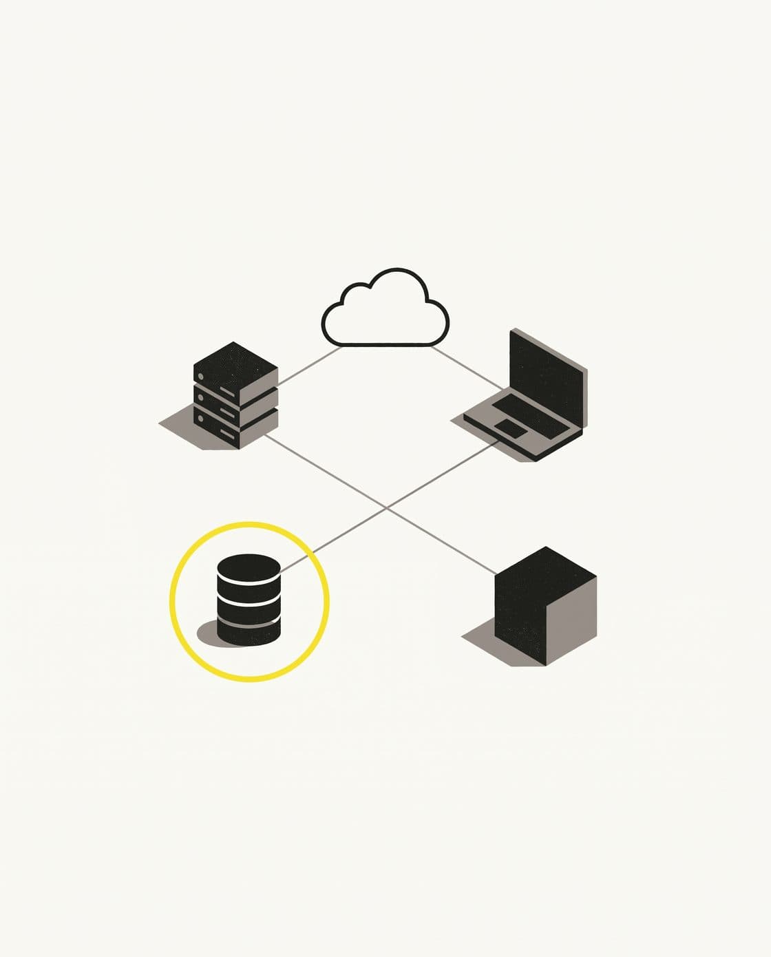 Editorial illustration of an infrastructure estate map, ink-line nodes for servers, cloud, laptop and database connected by hairlines, with one node ringed in yellow as the point under independent review