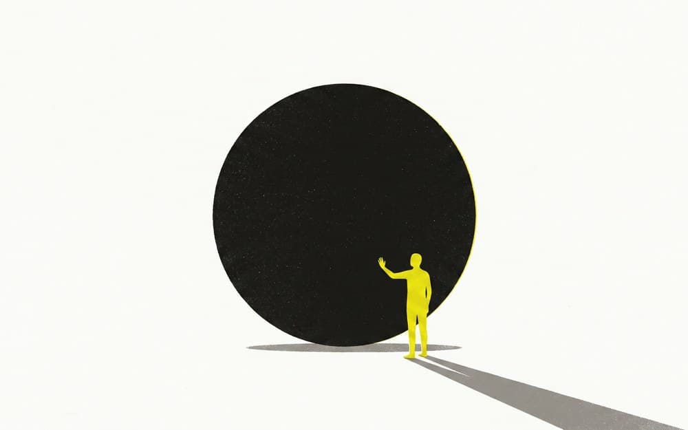Editorial illustration of a small yellow figure resting a hand on a monumental printed full stop