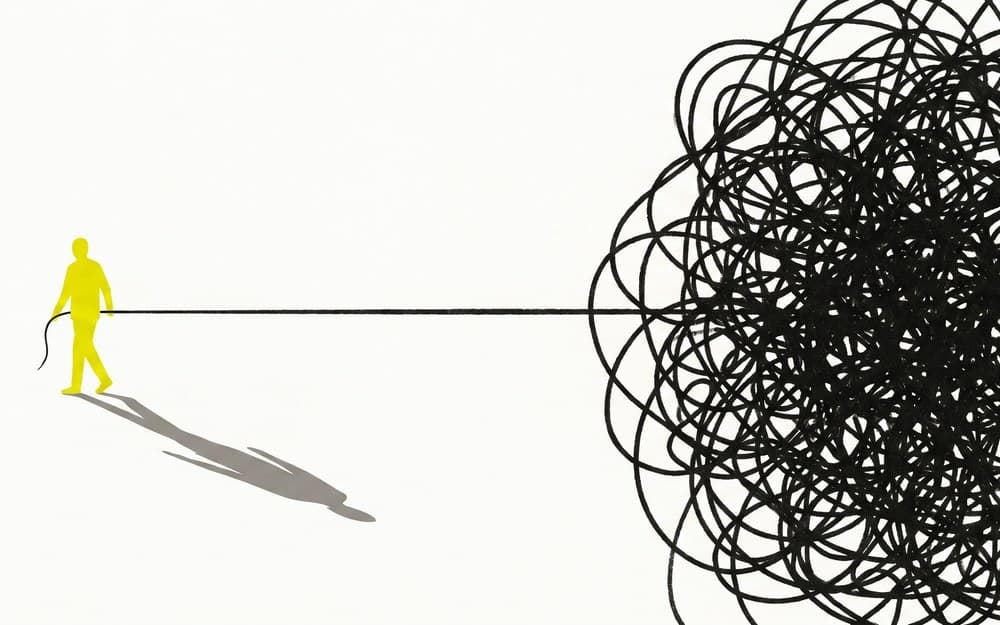 Editorial illustration of a small yellow figure leading one straight thread out of a dense tangle