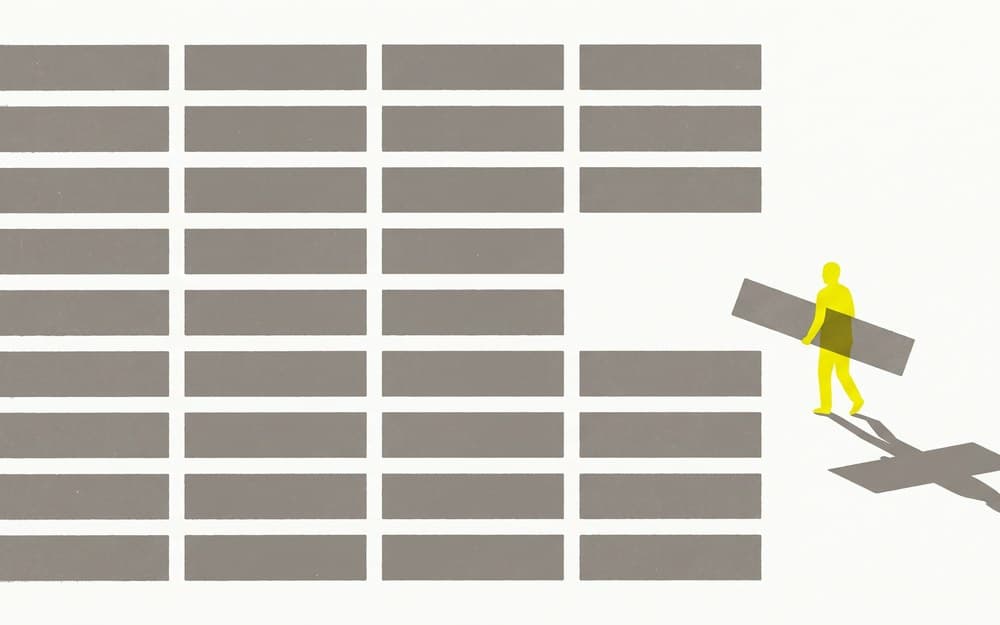 Editorial illustration of a small yellow figure carrying one bar away from a grid of redaction bars