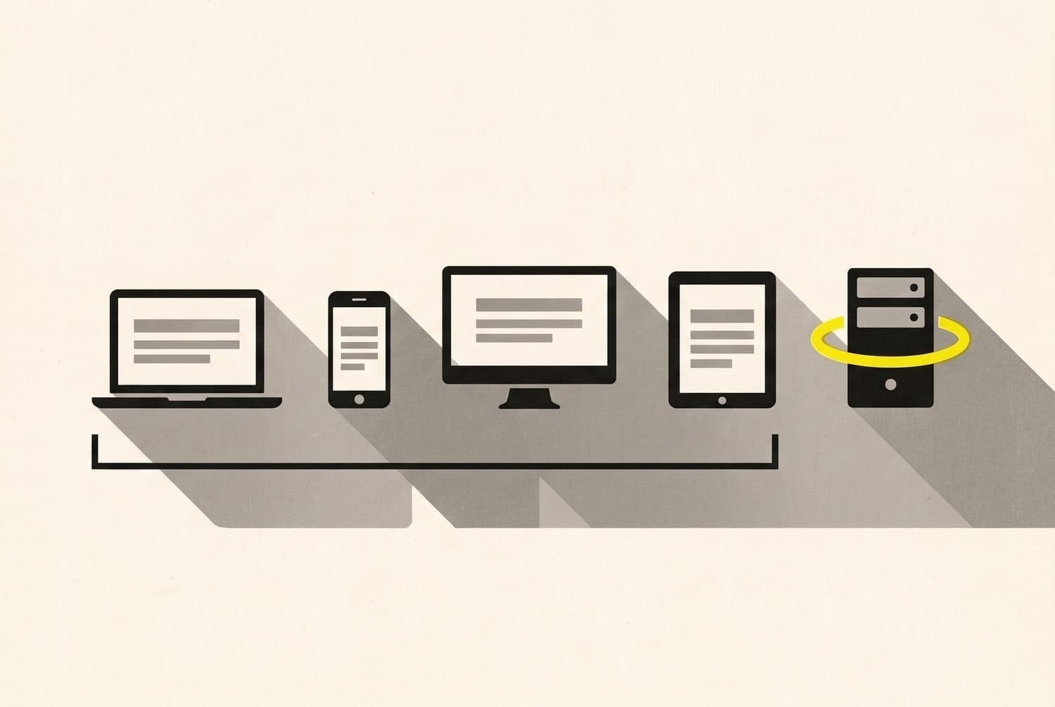 Editorial illustration of five devices in a row, four of them enclosed by a bracket and the fifth circled in yellow outside it