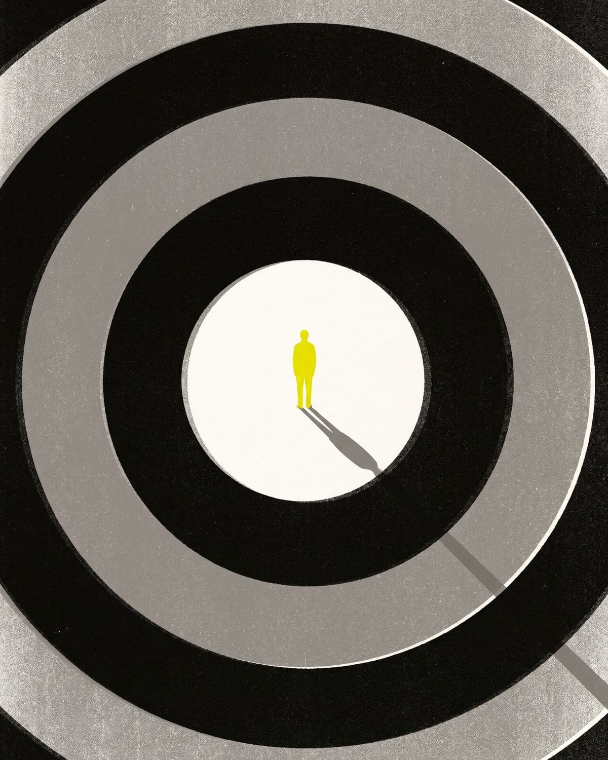 Editorial illustration of a small yellow figure at the centre of concentric rings, casting a shadow across every ring