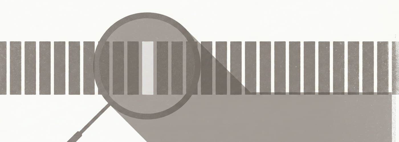 Editorial illustration of a magnifying glass over a row of tally bars, one bar shown clear under the lens