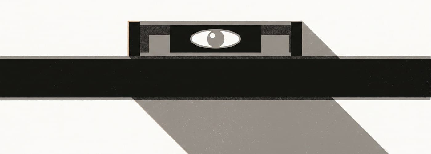 Editorial illustration of a spirit level resting on a beam with its bubble exactly centred