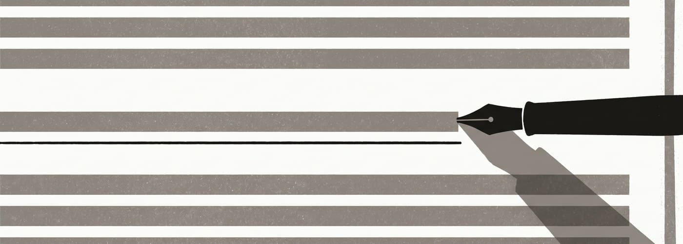 Editorial illustration of a fountain pen underlining one clause on a page of redaction bars