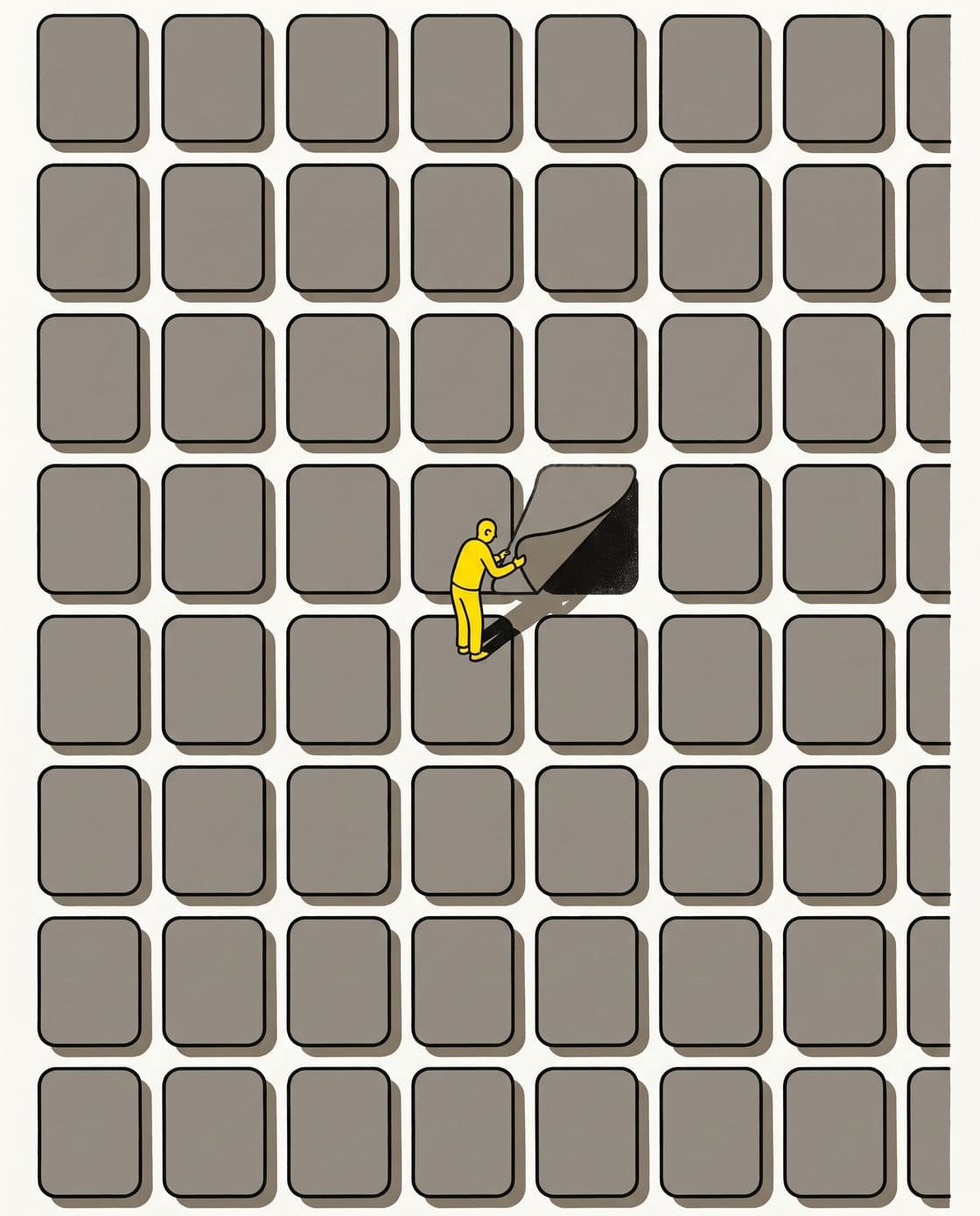 Editorial illustration: a wall of identical grey indicator tiles, all reading the same, with a single small figure lifting one tile to check the dark space hidden behind it.