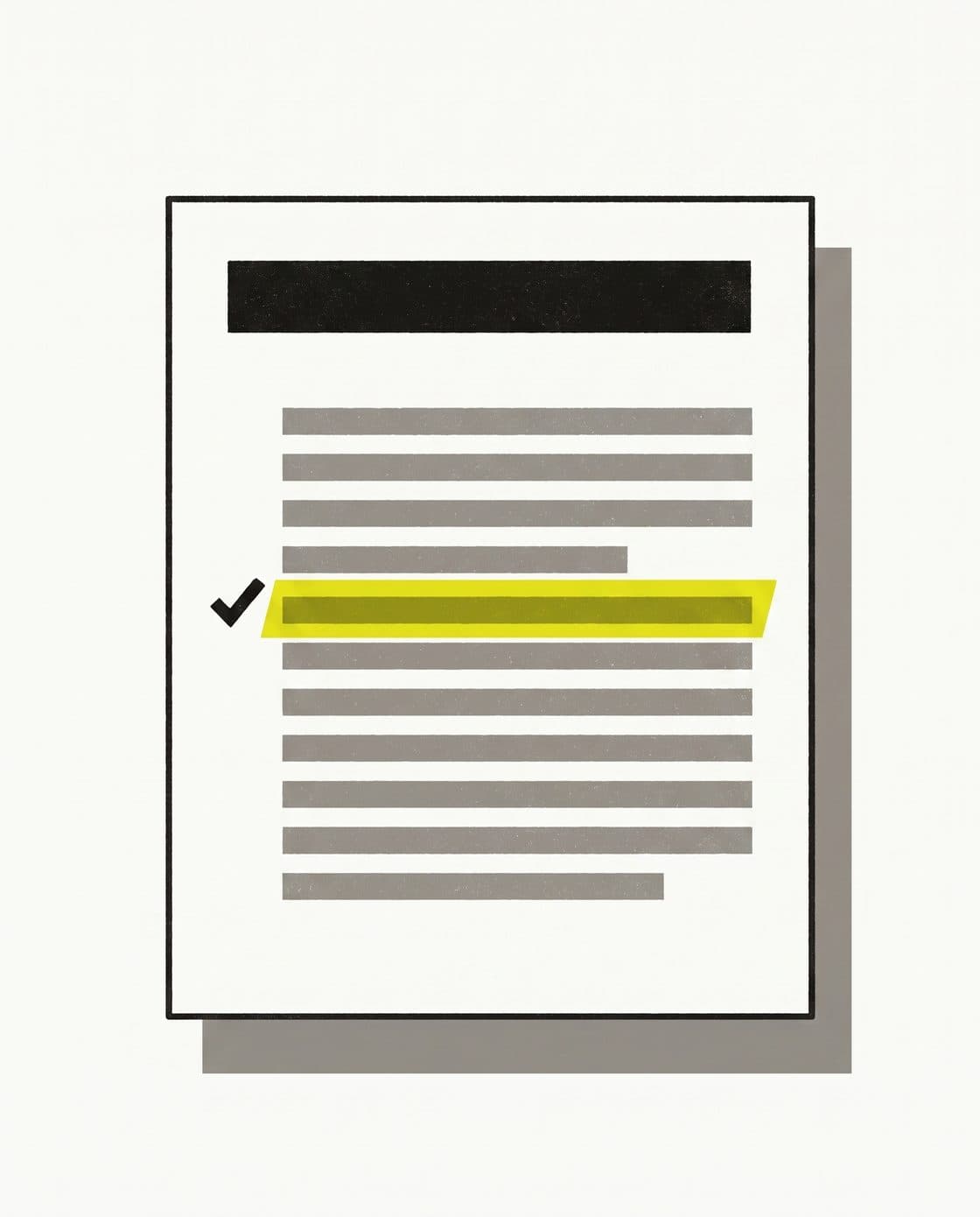 Editorial illustration of a provider report excerpt, greyed body lines with one line swiped in yellow as the flagged service-level breach and an audit tick in the margin