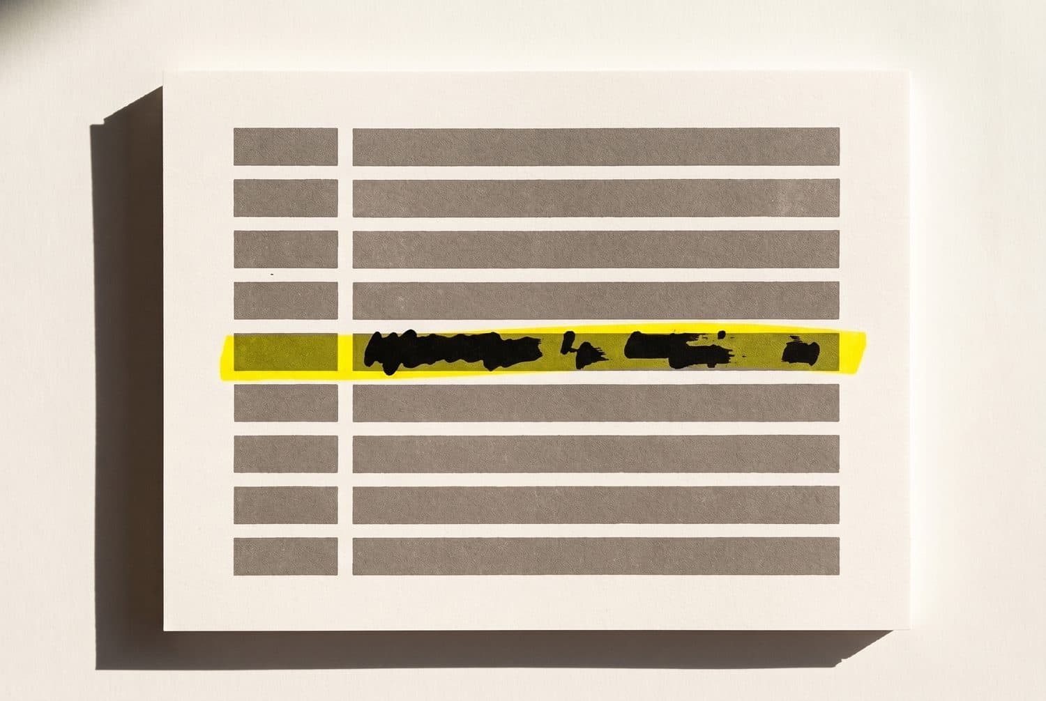 Editorial illustration of a printed report, one row struck through and swiped with a yellow highlighter