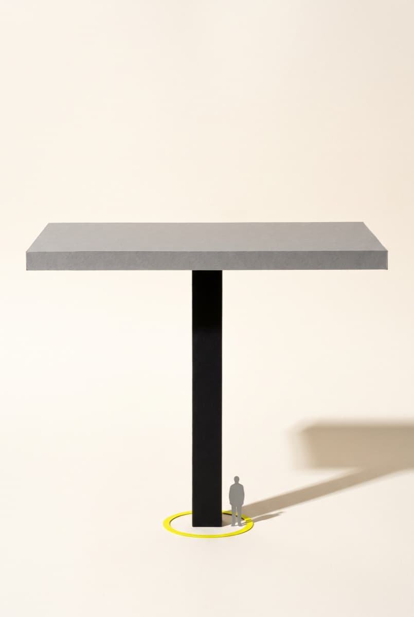 Editorial illustration of a wide grey platform resting on a single black column, a small figure standing beneath it, the base of the column ringed in yellow