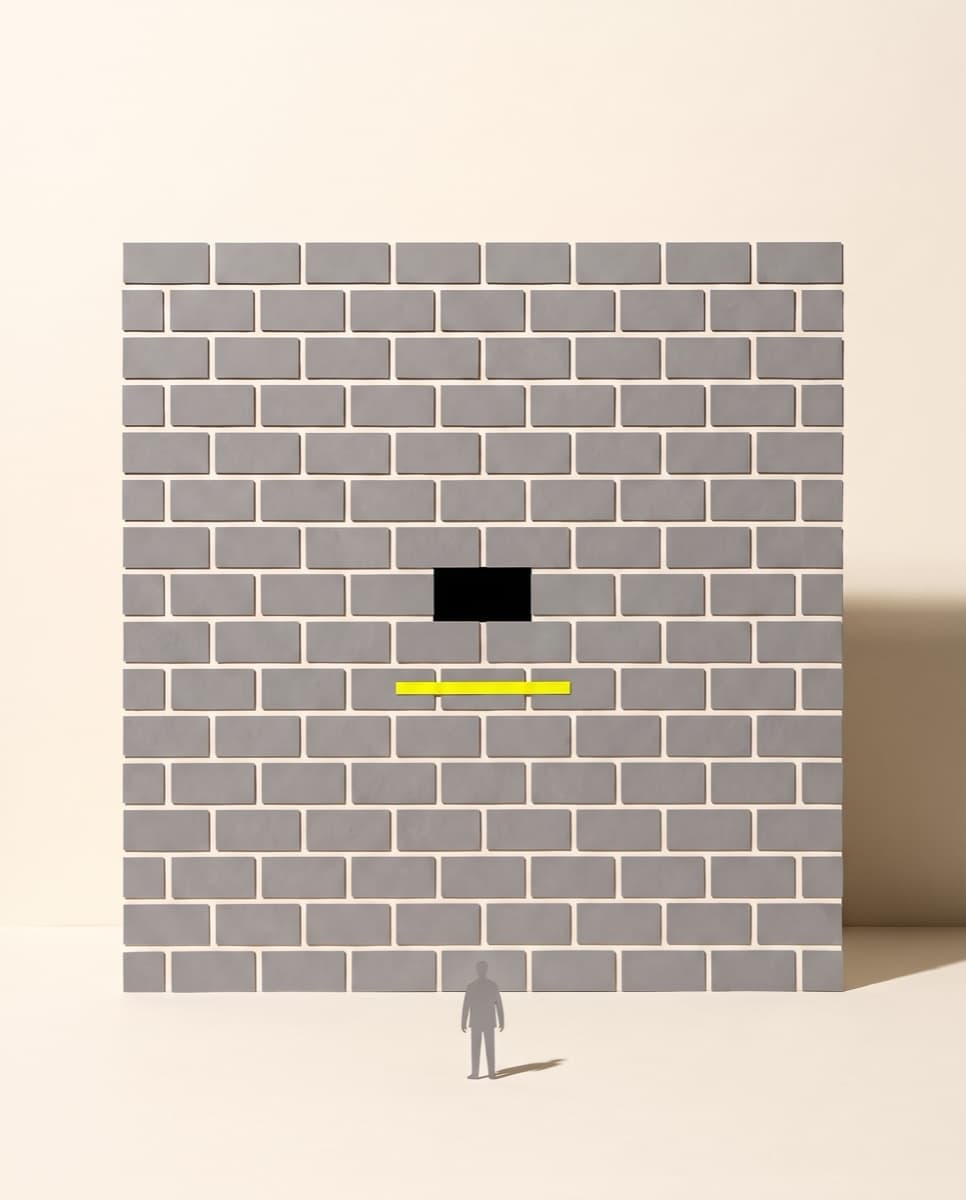 Editorial illustration of an intact grey brick wall with exactly one brick missing, the empty socket the only black in the frame, marked underneath in yellow