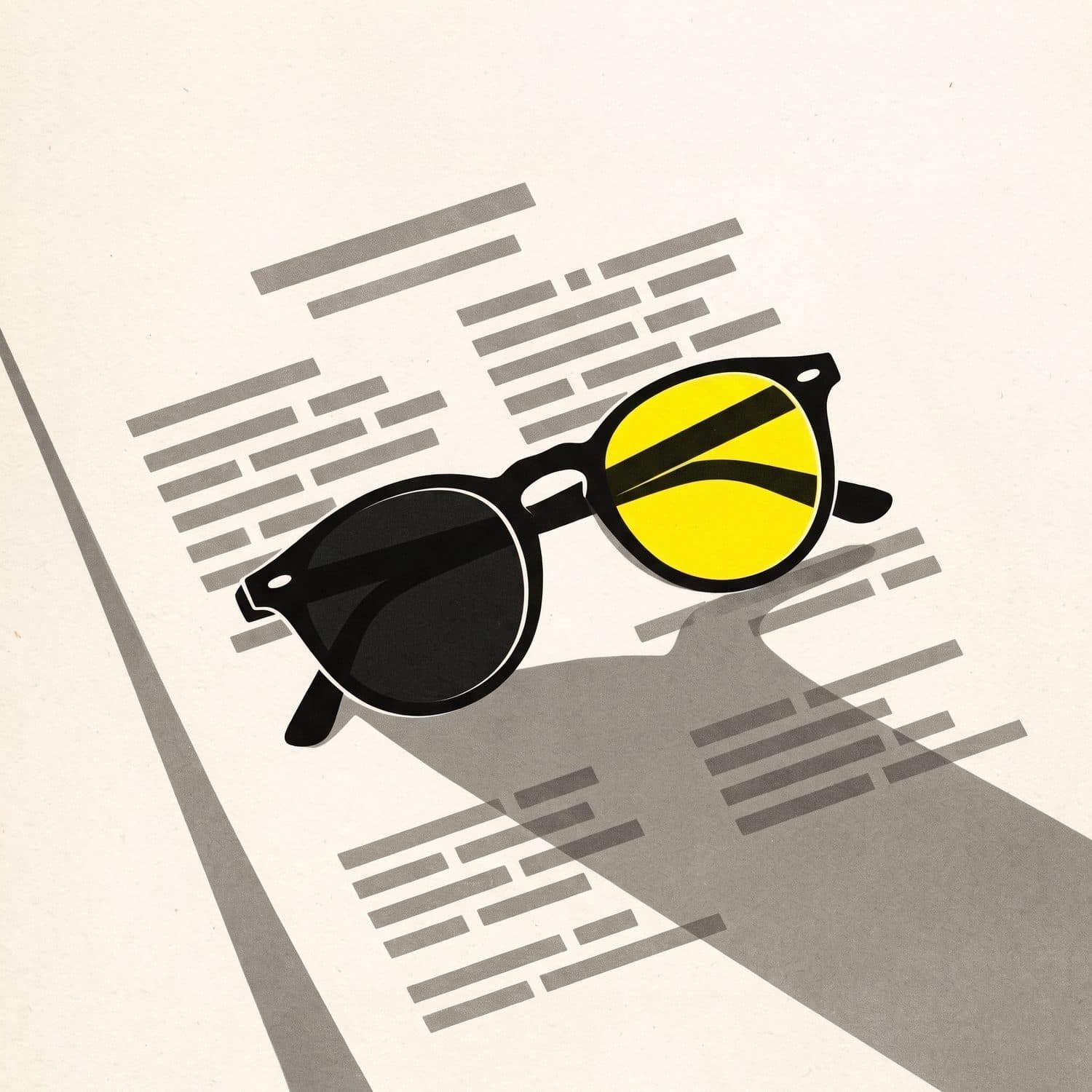 Editorial illustration of a pair of reading glasses resting on a printed report, one lens picked out in yellow