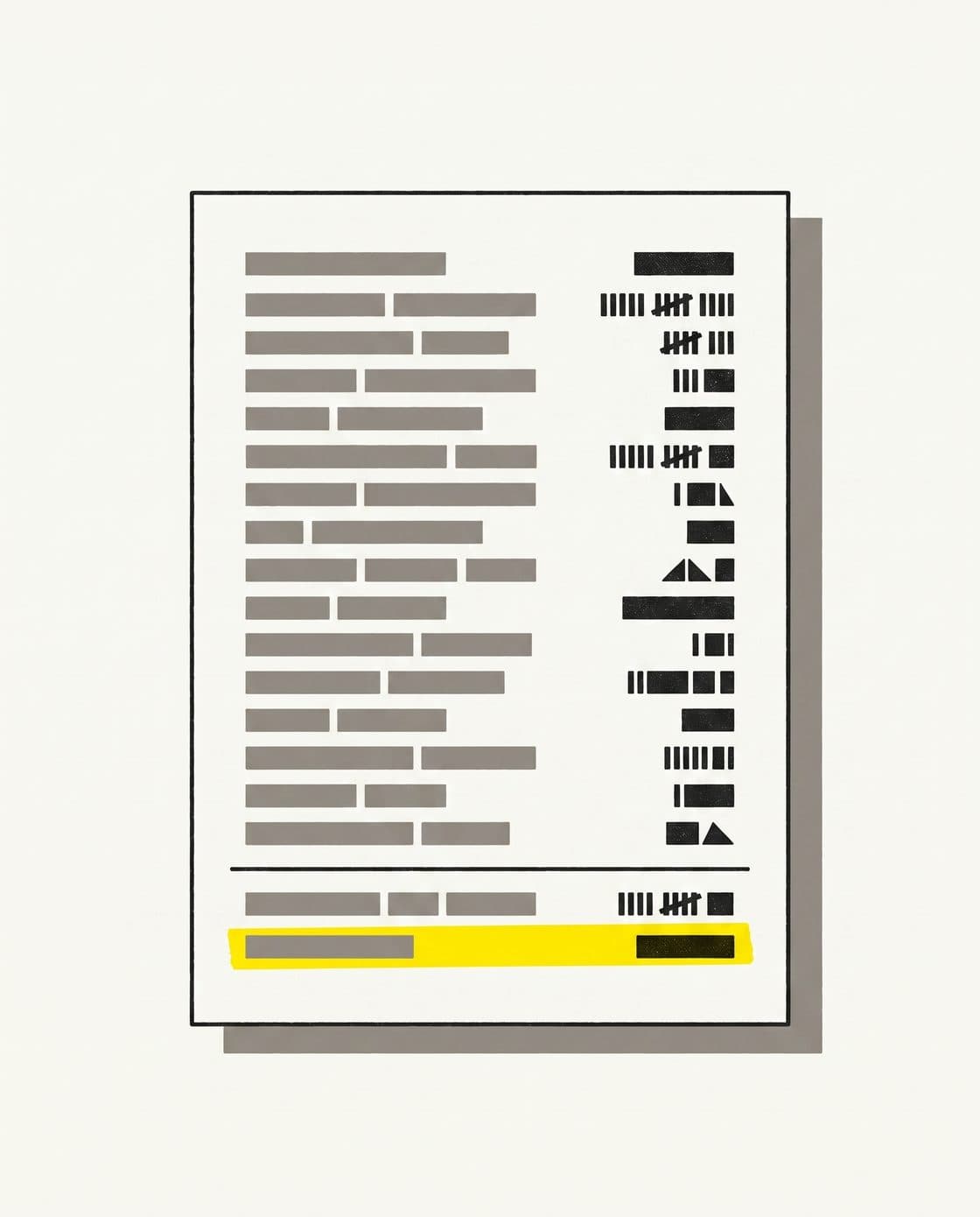 Editorial illustration of a spending statement, grey category labels and figure columns with one subtotal row flagged in yellow as the overspend