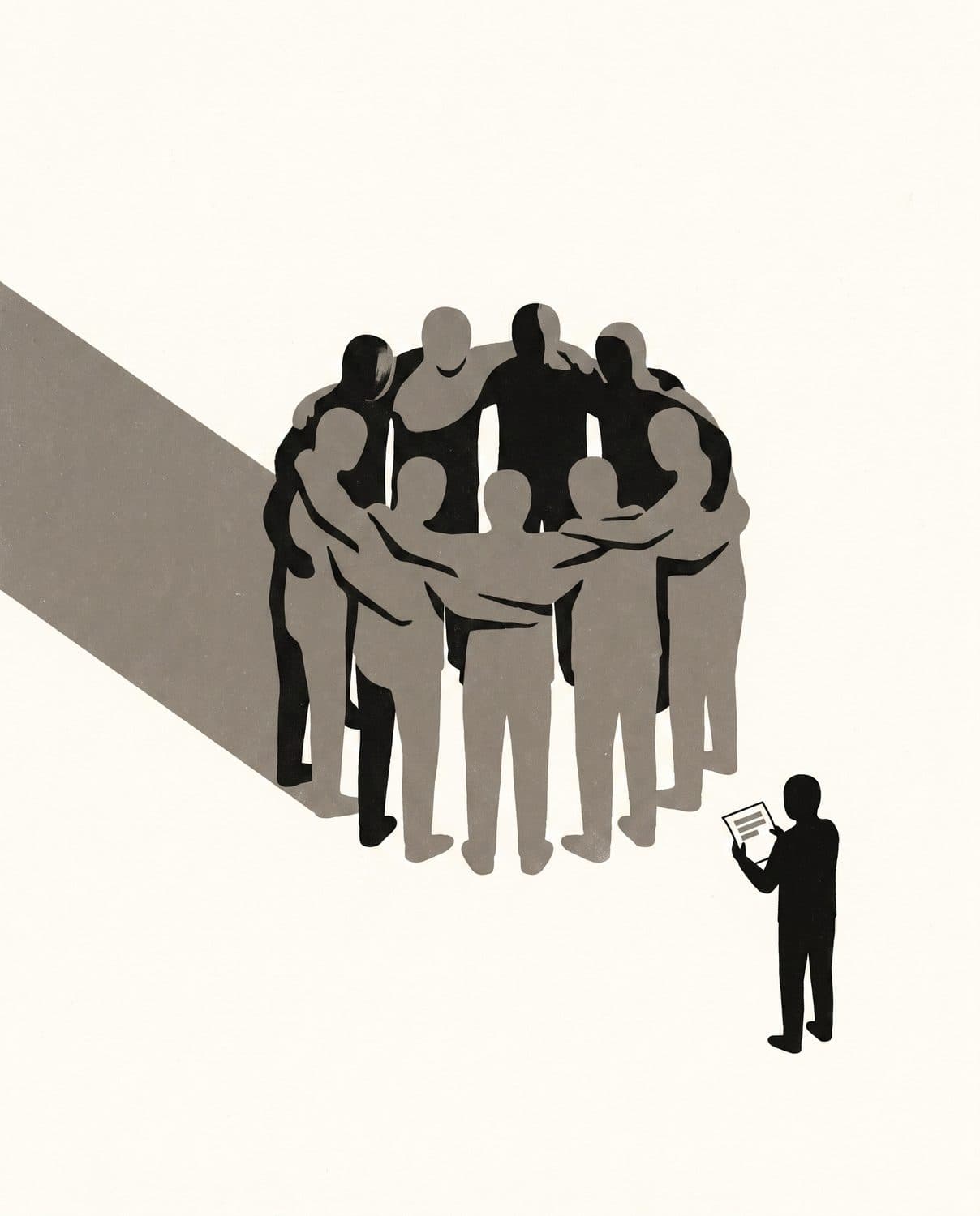 Editorial illustration: a tight inward-facing huddle of figures with their backs turned, and one figure standing apart, reading from a document
