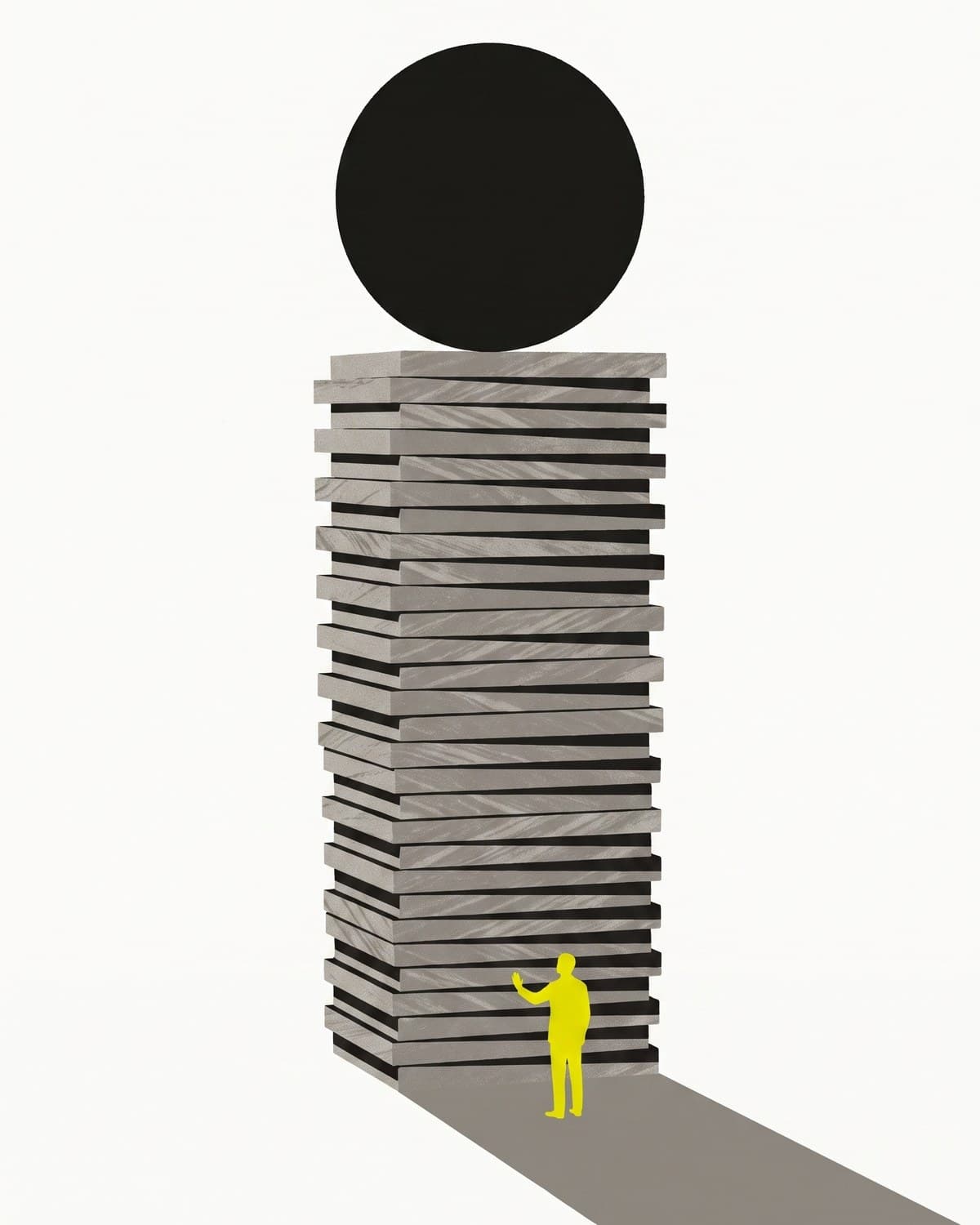 Editorial illustration of a small yellow figure checking the base of a tall stack of slabs that carries a large circle