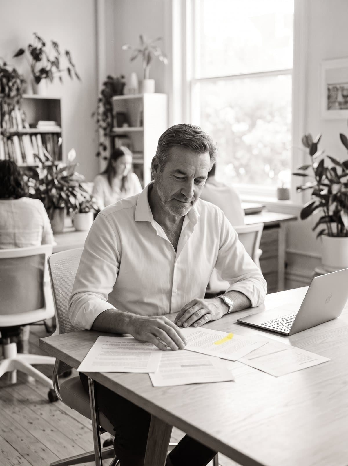 A business executive reviewing printed technology reports at a desk in a daylit office, black and white