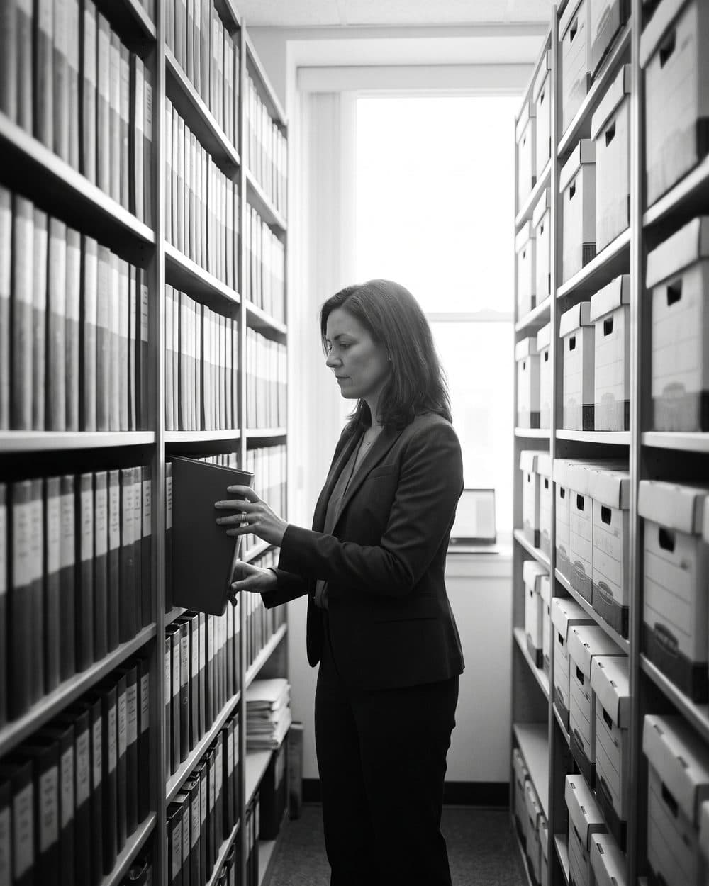 A lawyer sliding one binder from a tall shelf in a narrow aisle of matter files in a law office, black and white
