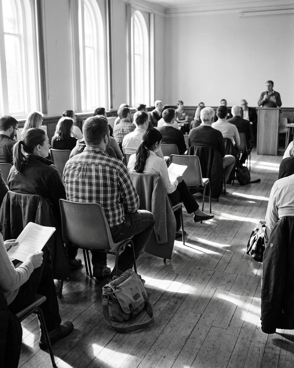Members seated in rows facing a low stage in a high ceilinged meeting hall, long bars of light across a wooden floor, black and white