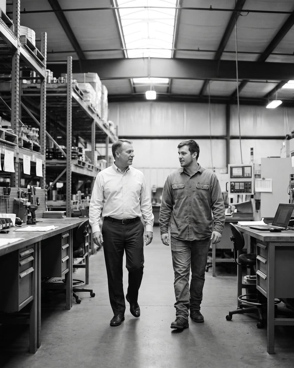 A business owner in shirtsleeves walking his light manufacturing floor in conversation with a worker, black and white