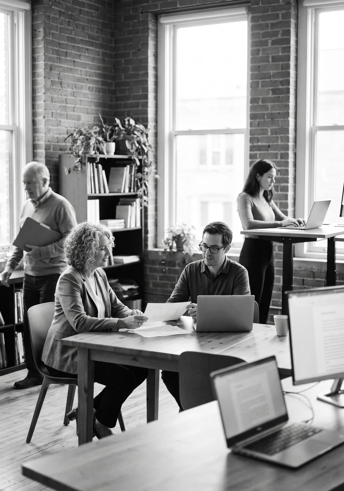 Colleagues at work in a modest daylit Canadian office with exposed brick, two in conversation over papers, black and white