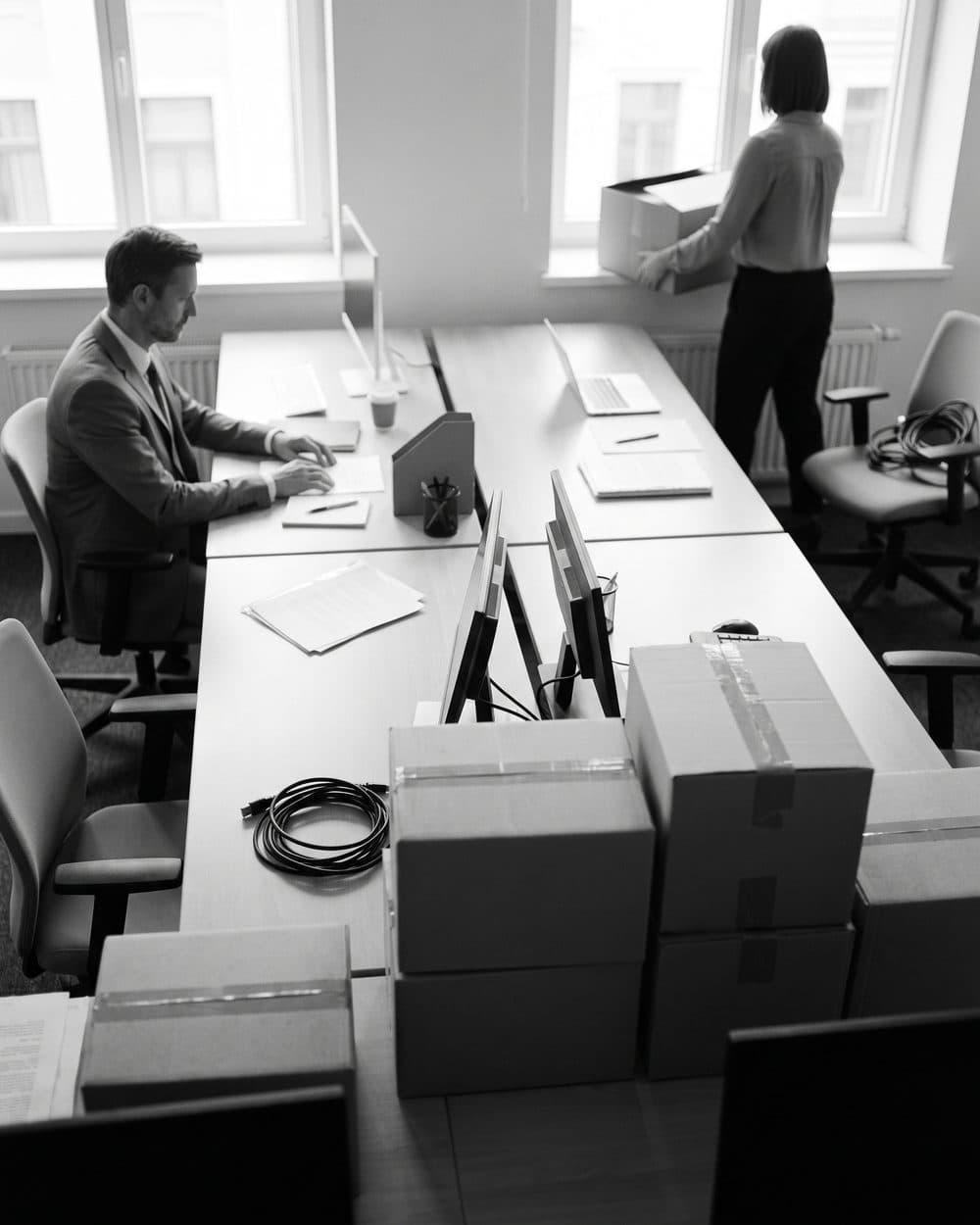 An office mid move, packing boxes stacked on a desk island and unplugged monitors leaning together, black and white
