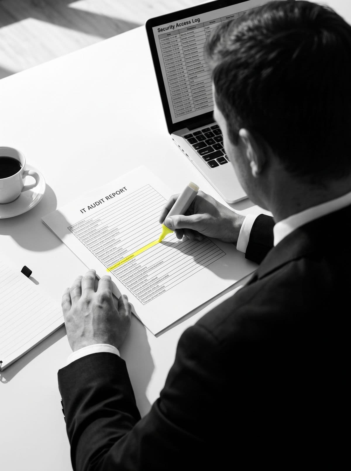 Black and white photograph, over the shoulder of an independent reviewer in a suit marking a single line of a company's IT audit report in yellow highlighter, a laptop showing a security access log on the desk beside it