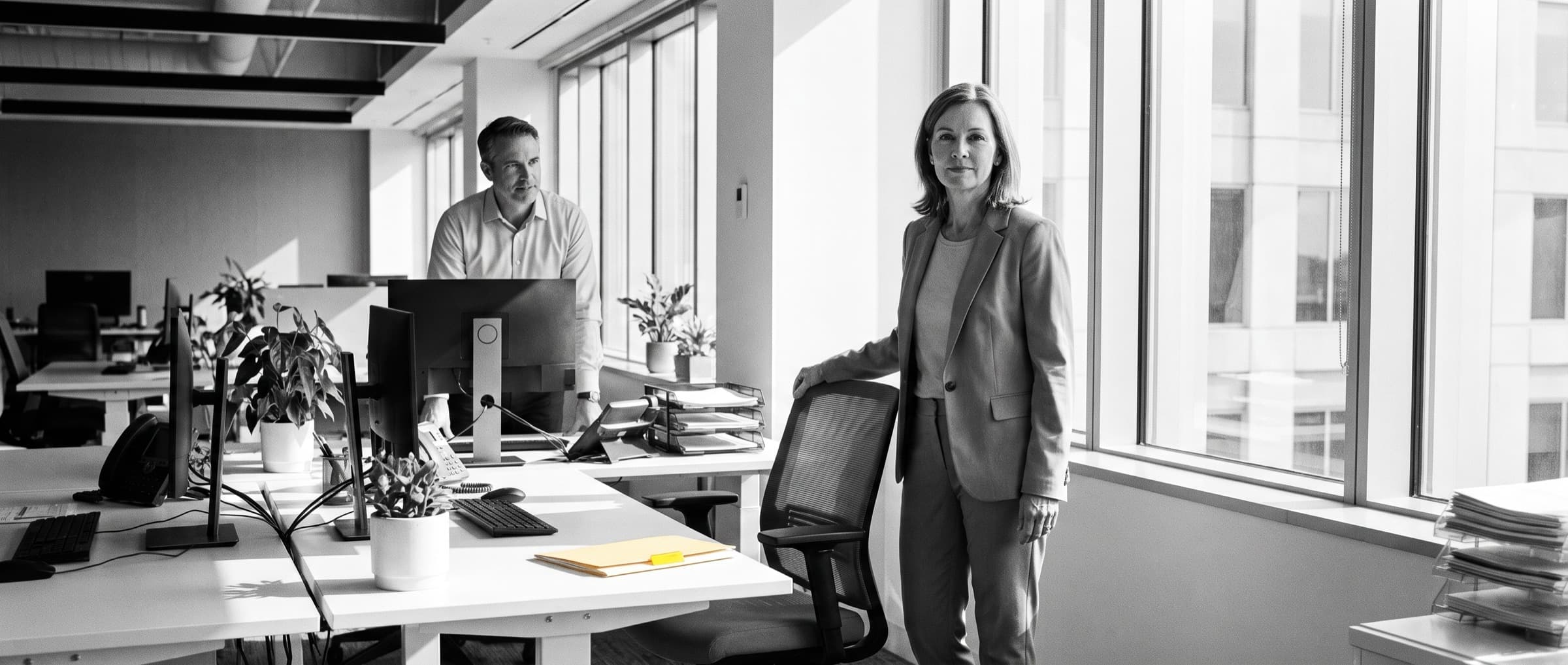 A business leader standing in her daylit office with a colleague at a desk behind her