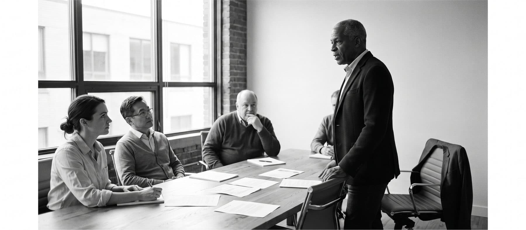 A technology leader standing at the head of a boardroom table while seated colleagues review printed papers, black and white