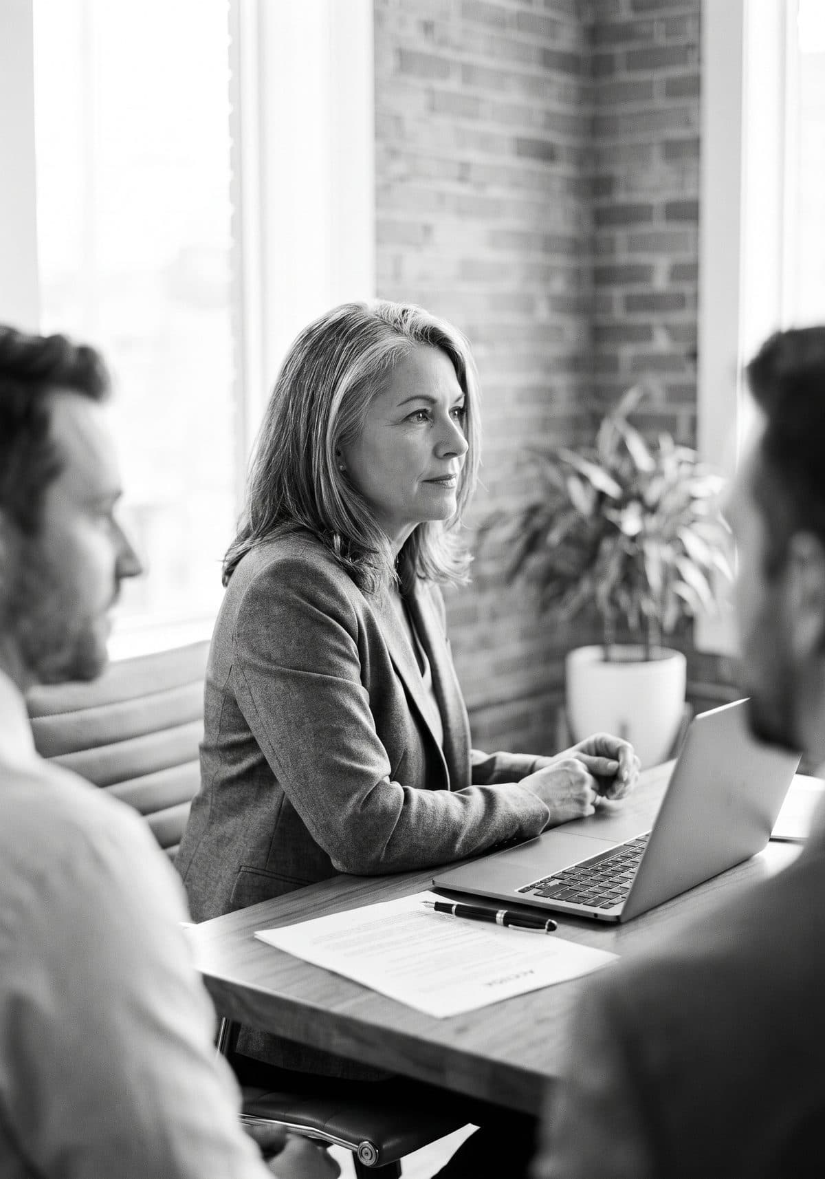A senior advisor seated at a leadership table, listening to colleagues across the table in a daylit office, black and white