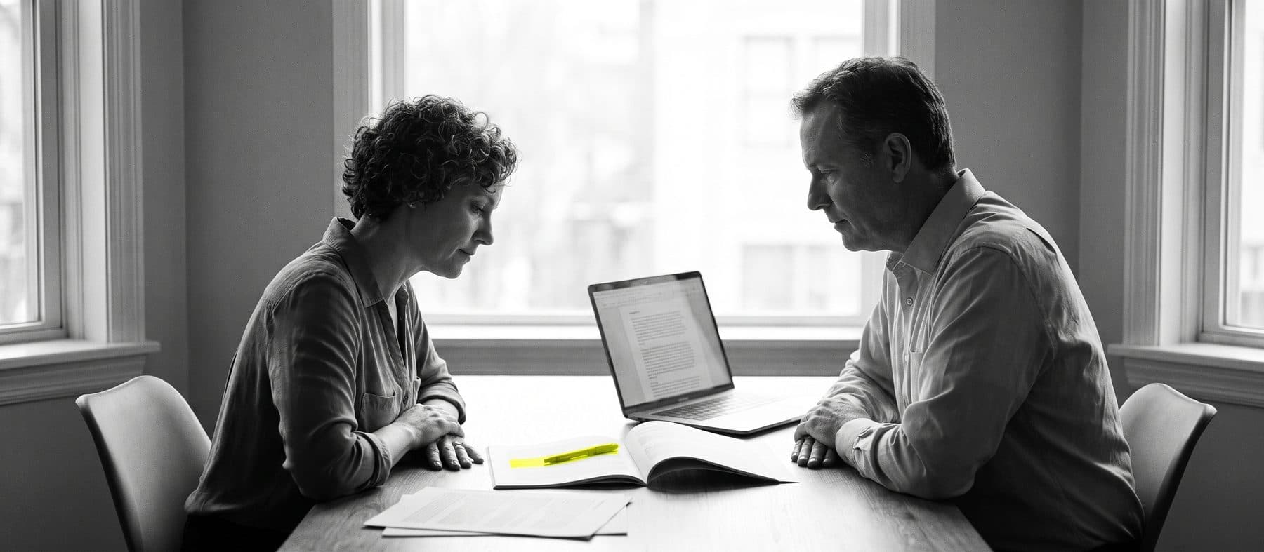 An executive and an advisor in profile, bent over one open technology report at a desk with a single line marked in yellow, black and white