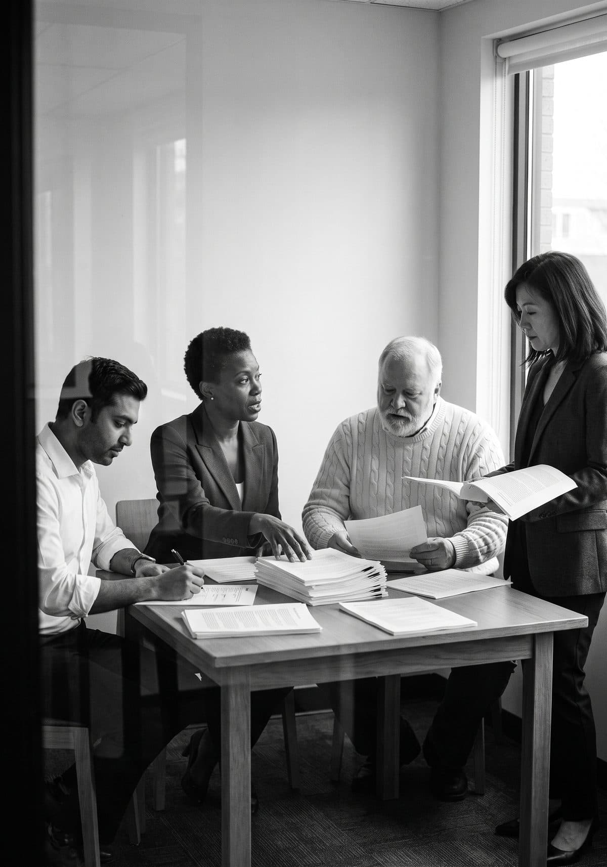 Business leaders in a quarterly review meeting, seen through the glass wall of a small meeting room, black and white