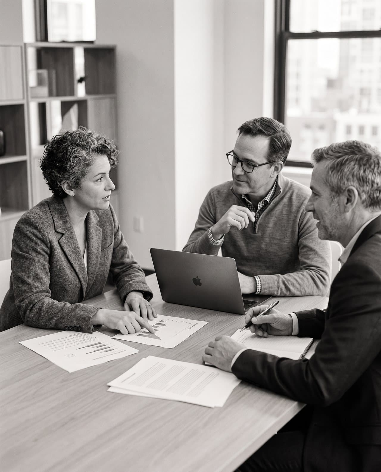 Business leaders in a daylit office reviewing printed documents together, black and white