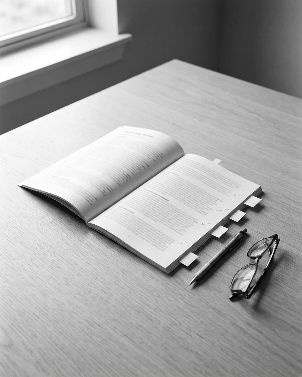 An open, bound technology review report on a desk, annotated in pencil in the margin, with a pencil and reading glasses beside it, black and white