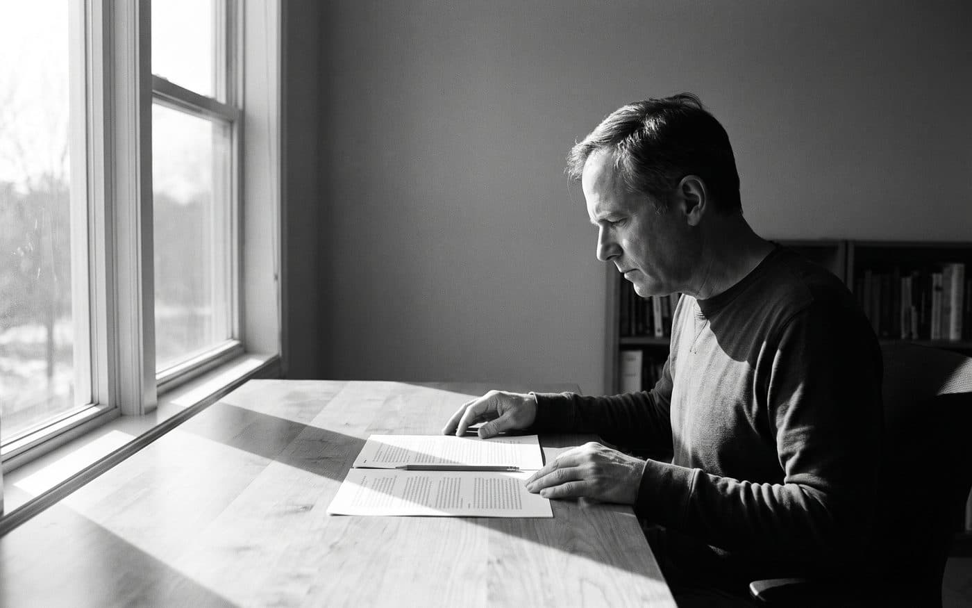 A lone independent reviewer in profile at a window desk, comparing two printed documents side by side, black and white
